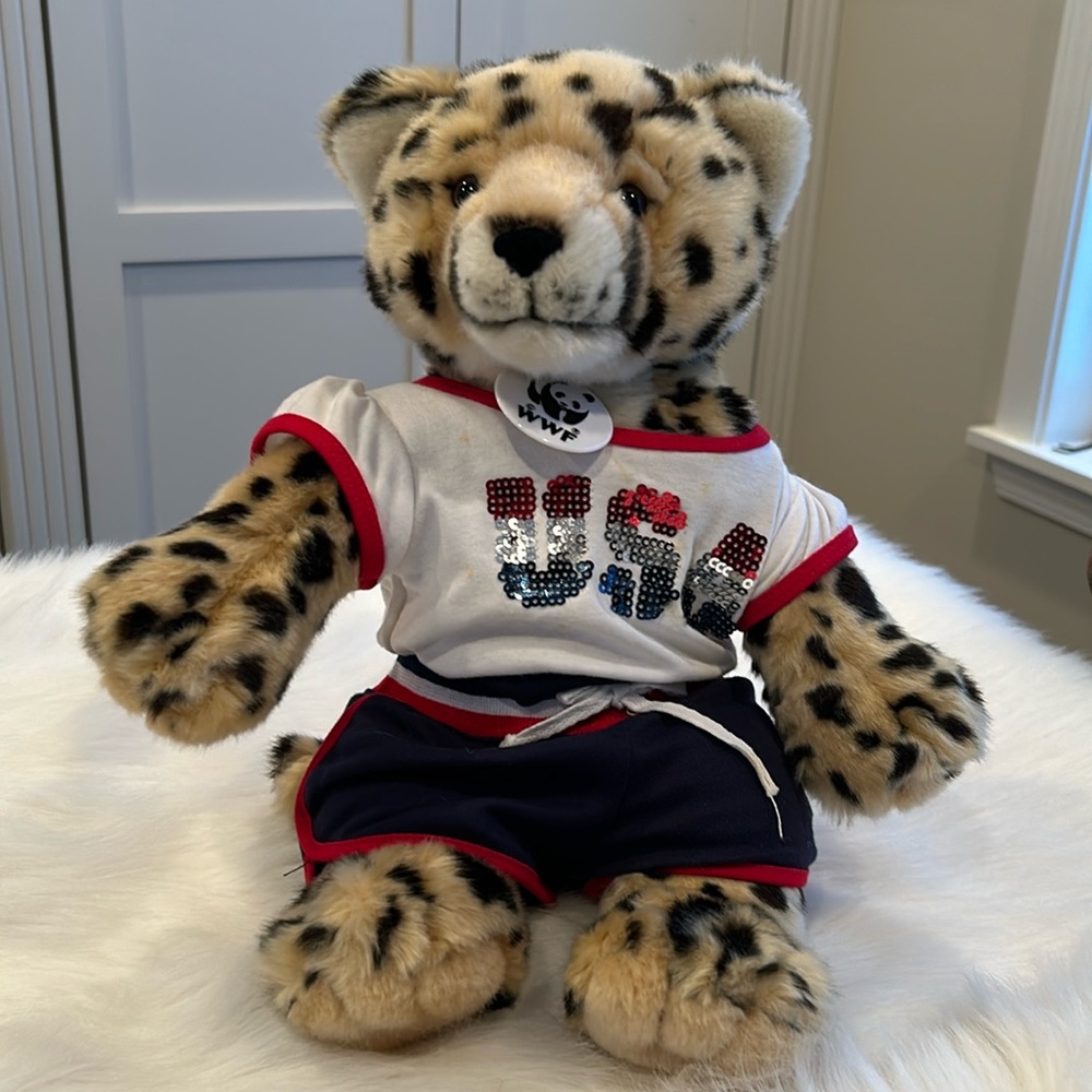 EUC 2007 Build A Bear BAB Cheetah Plush Stuffed Toy in USA Olympic Outfit